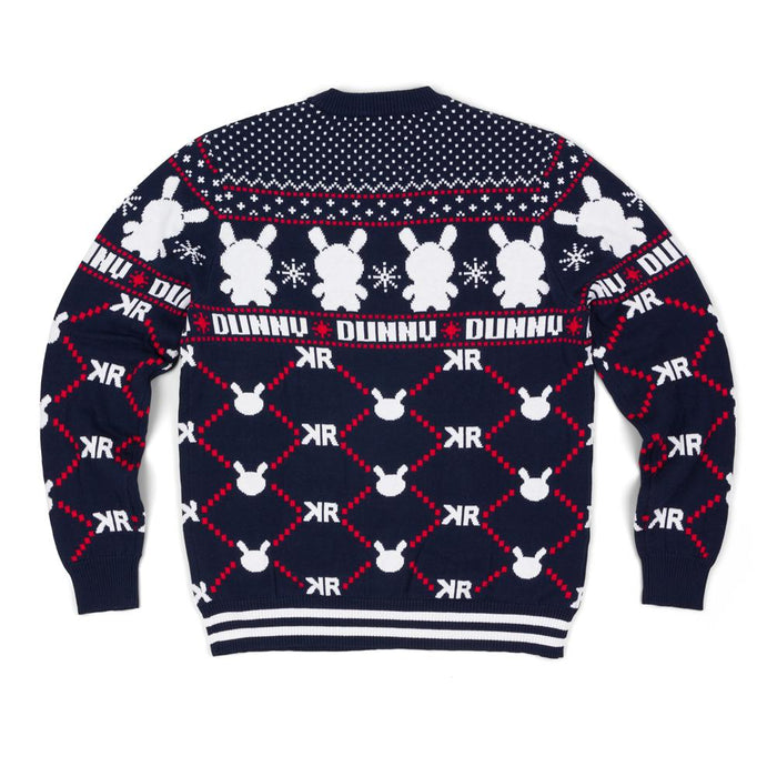 Kidrobot Signature Dunny holiday sweater featuring colorful cartoon character design, cozy knit apparel for kids.