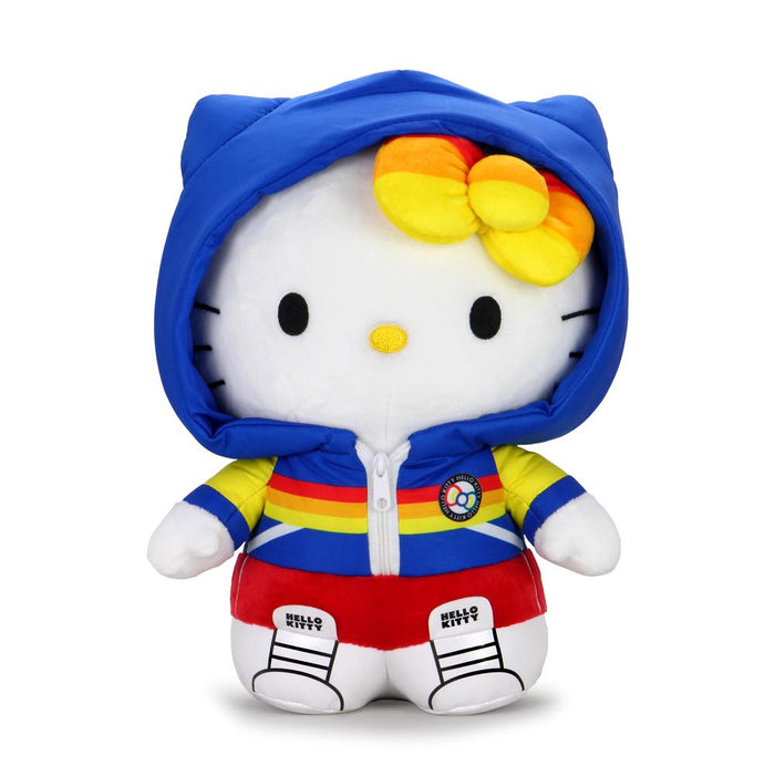 Sanrio Kidrobot x Hello Kitty sports plush toy with pink outfit and embroidered facial features, soft and cuddly for kids.