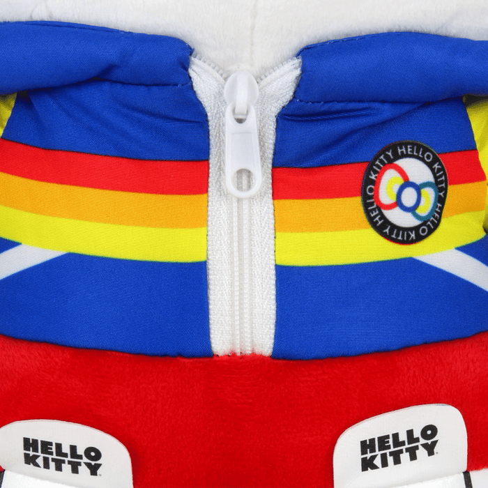 Sanrio Kidrobot x Hello Kitty plush toy wearing sports attire, soft and cuddly with detailed Hello Kitty face and colorful outfit.