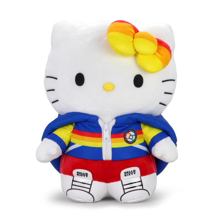Sanrio Kidrobot x Hello Kitty plush toy wearing sports apparel, soft and cuddly with embroidered facial features.