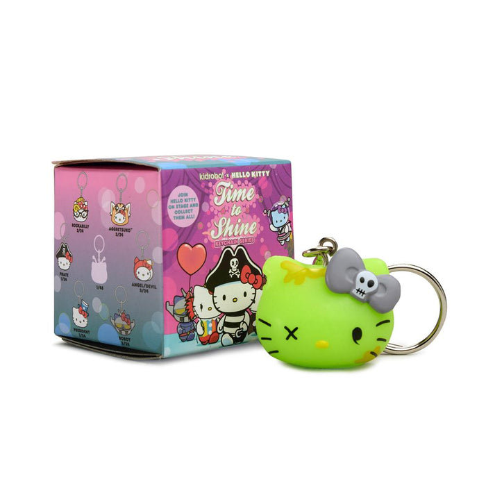 Sanrio Kidrobot Hello Kitty Time to Shine keychain featuring a colorful cartoon Hello Kitty design on a metal keyring.