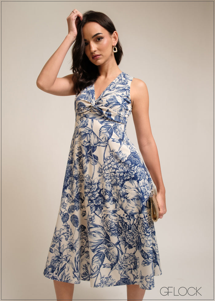 Knot detail, blue printed sleeveless midi dress