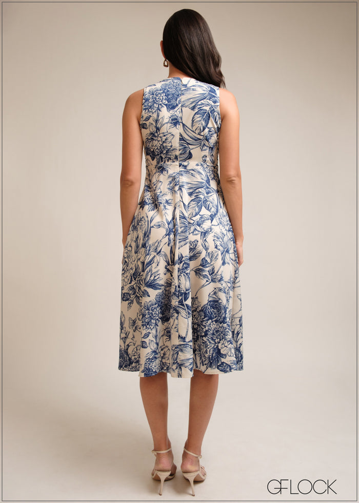 Knot detail, blue printed sleeveless midi dress