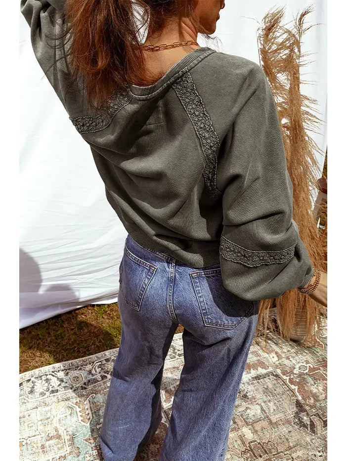 Lace Patchwork Notched Mineral Wash Baggy Sweatshirt