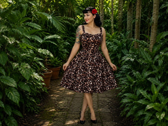 Leopard Strap Animal Print Swing Dress, Rockabilly Midi Dress