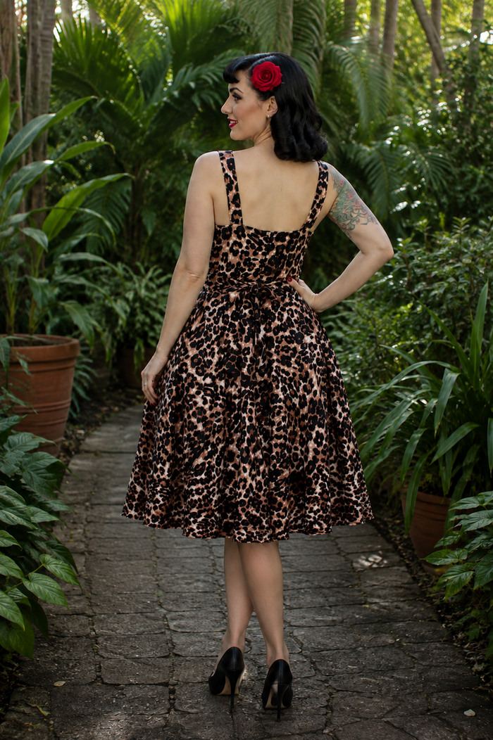 Leopard Strap Animal Print Swing Dress, Rockabilly Midi Dress