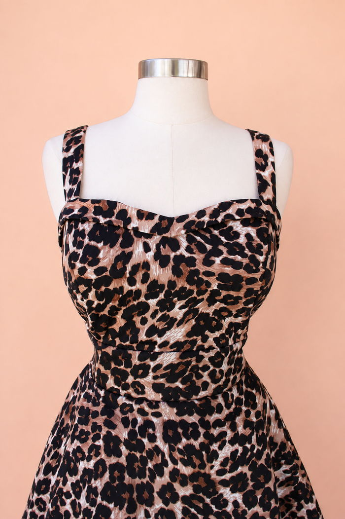 Leopard Strap Animal Print Swing Dress, Rockabilly Midi Dress