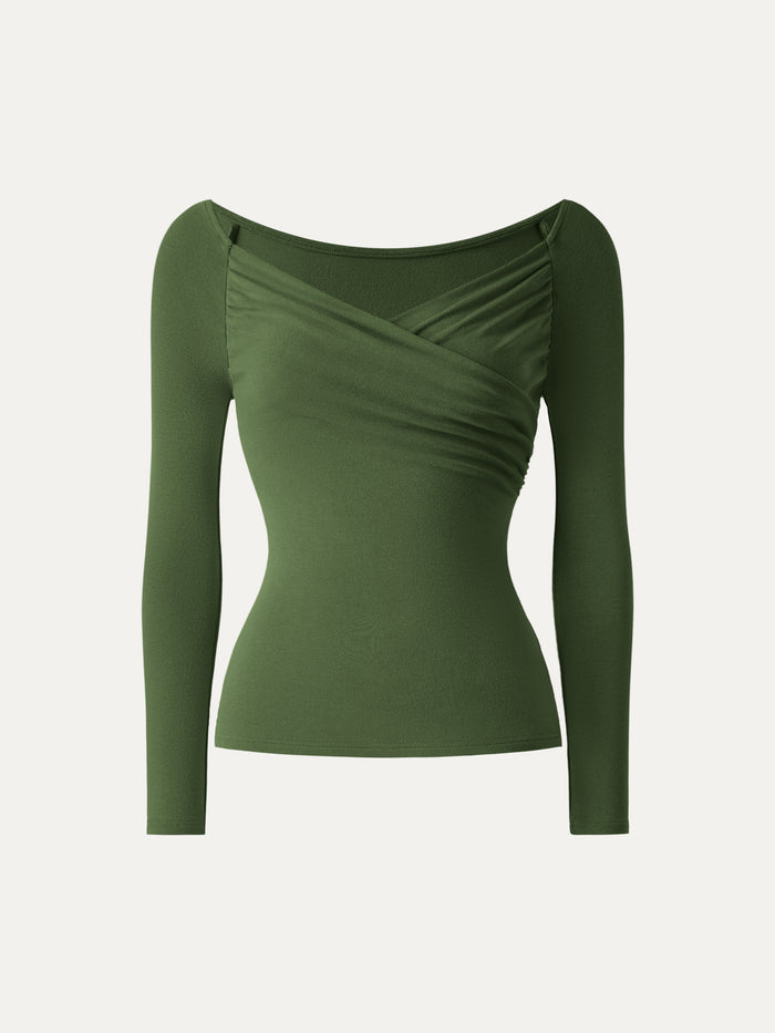 OGLmove Light Warm Surplice Ruched Long Sleeve Top Moss Olive XXS