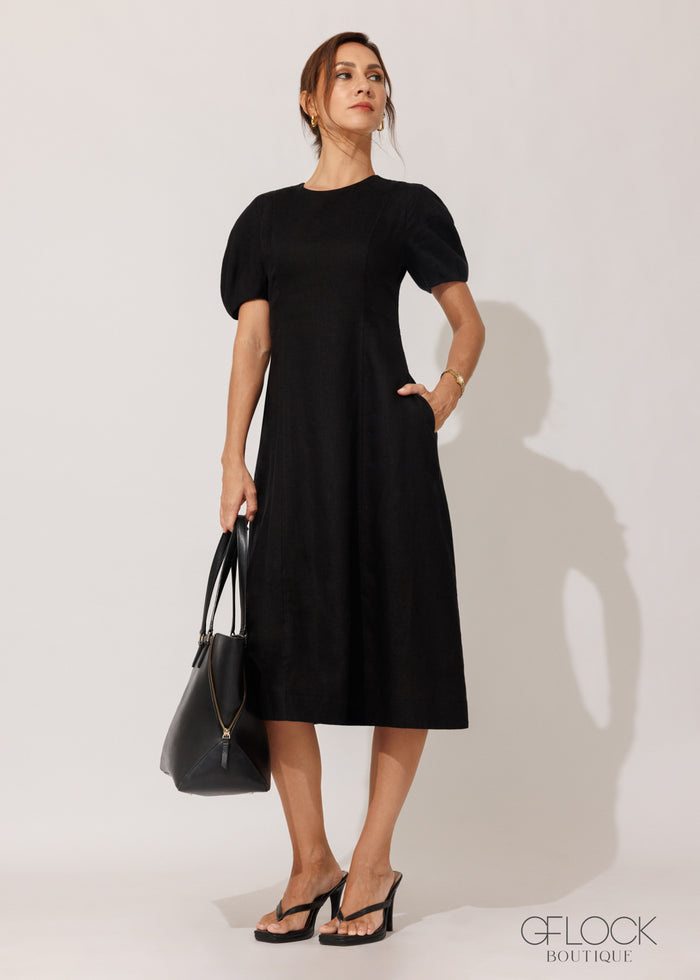 Linen A-Line Puff Sleeve Dress - 120826