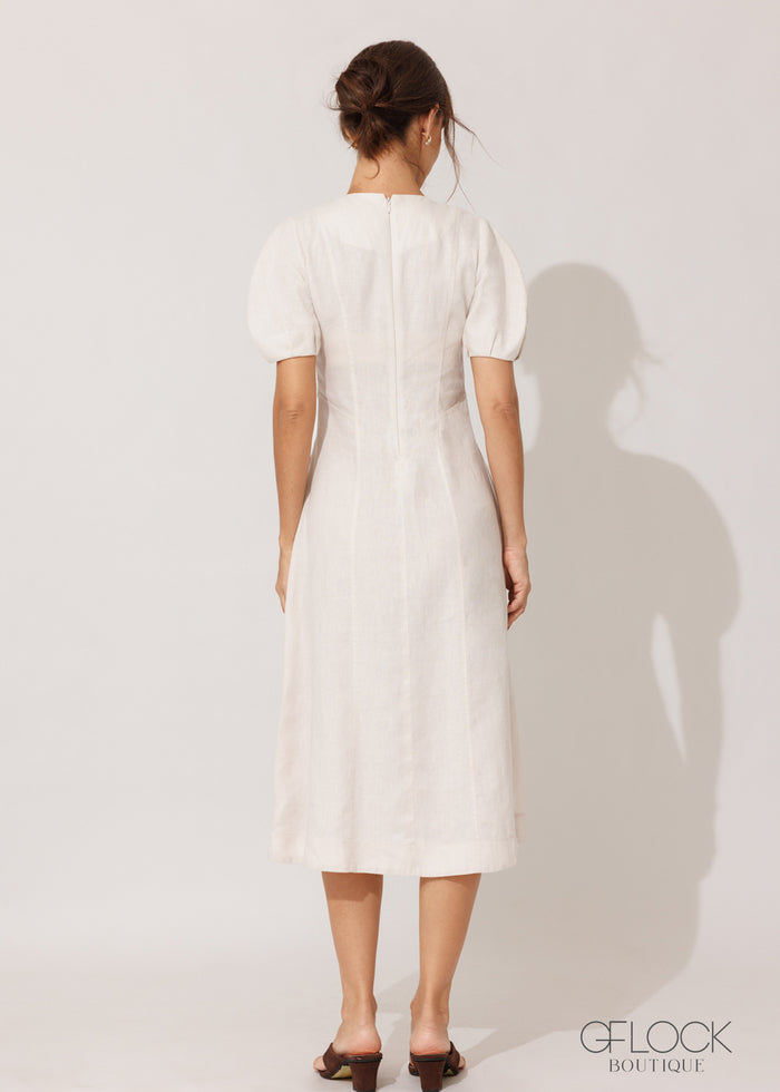 Linen A-Line Puff Sleeve Dress - 120826