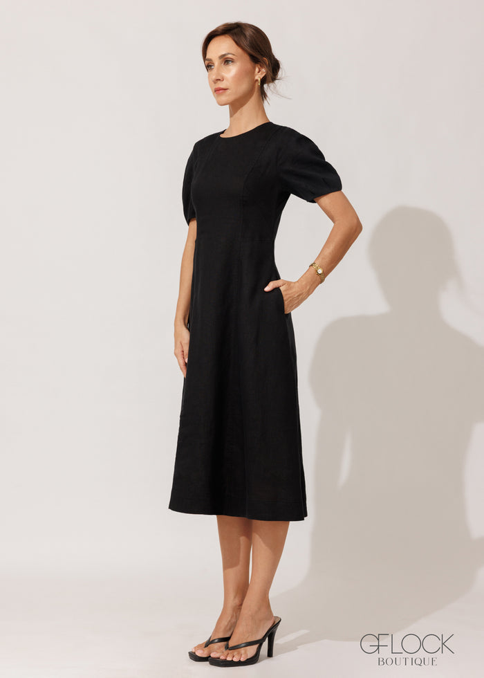 Linen A-Line Puff Sleeve Dress - 120826