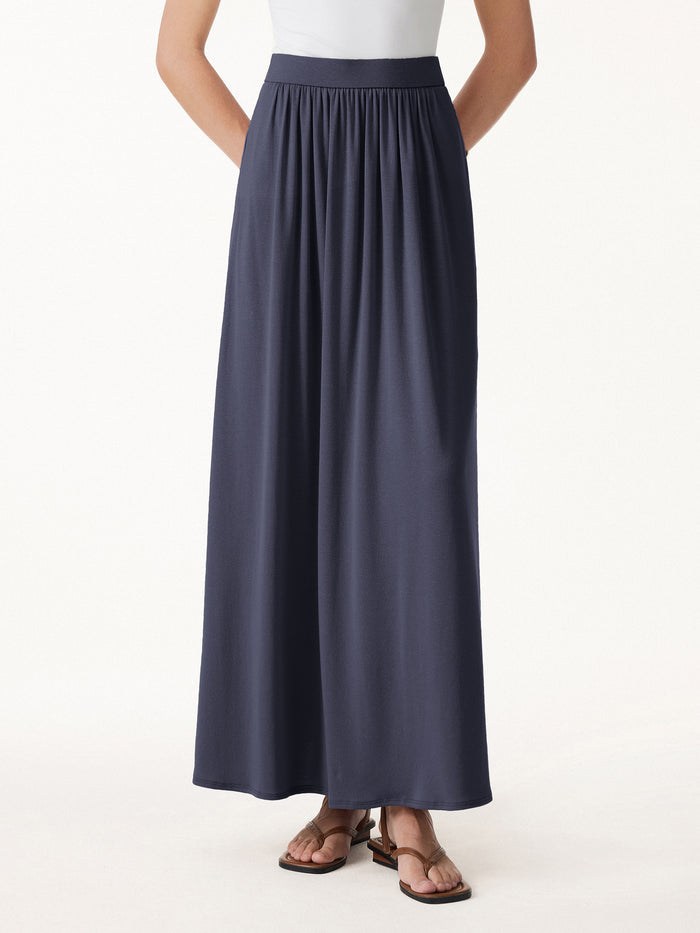 OGLmove Linen Knit Gathered A-Line Maxi Skirt with Pockets Regular Smoky Navy