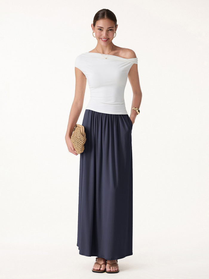 OGLmove Linen Knit Gathered A-Line Maxi Skirt with Pockets