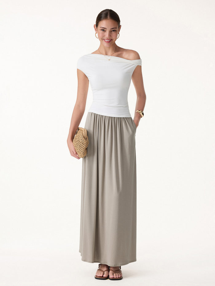 OGLmove Linen Knit Gathered A-Line Maxi Skirt with Pockets