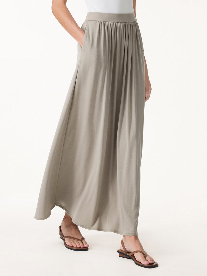OGLmove Linen Knit Gathered A-Line Maxi Skirt with Pockets Regular Dark Alabaster