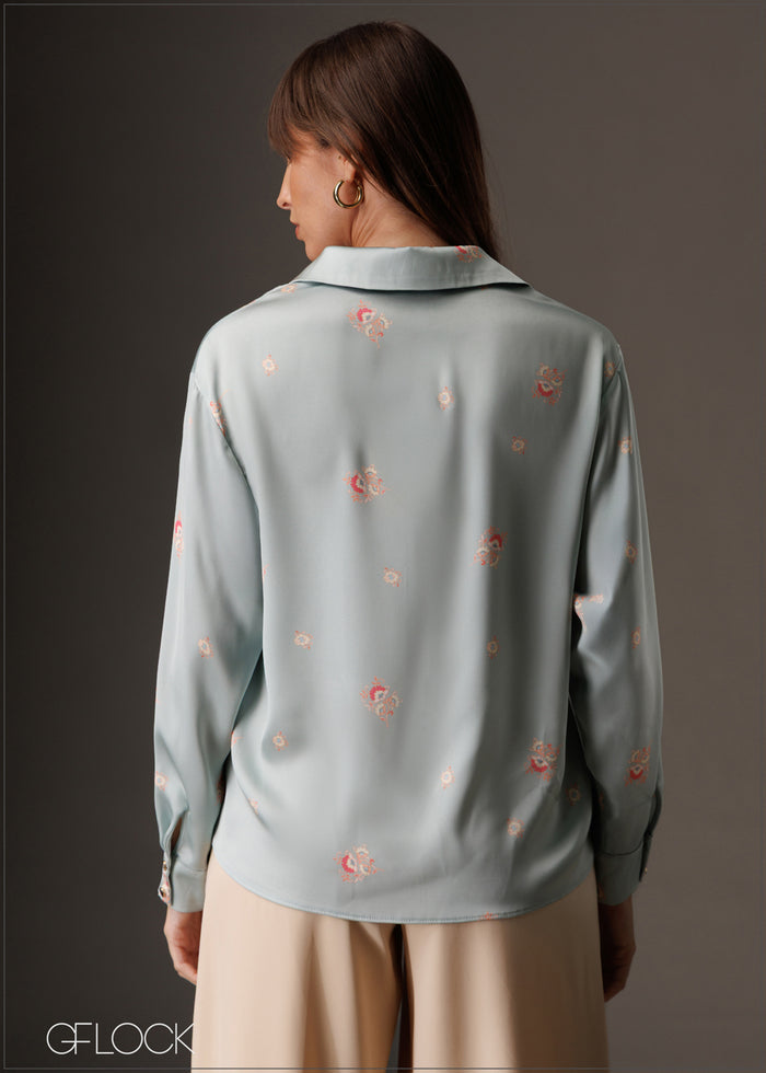 Printed satin button-down shirt with classic collar