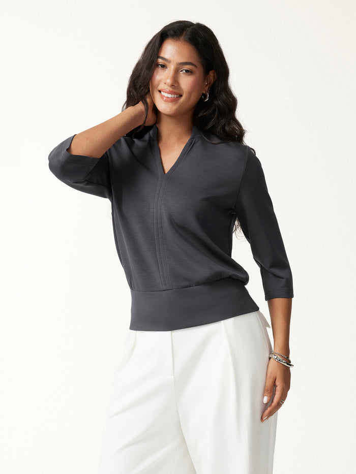 OGLmove Lyocell Spacer Knit V-Neck Elbow Sleeve Banded Hem Top