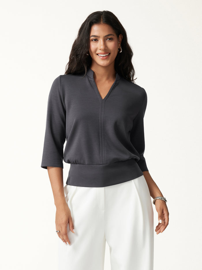 OGLmove Lyocell Spacer Knit V-Neck Elbow Sleeve Banded Hem Top