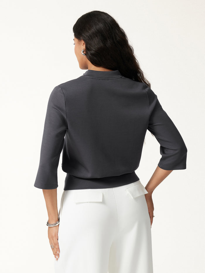 OGLmove Lyocell Spacer Knit V-Neck Elbow Sleeve Banded Hem Top