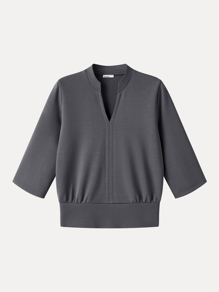 OGLmove Lyocell Spacer Knit V-Neck Elbow Sleeve Banded Hem Top