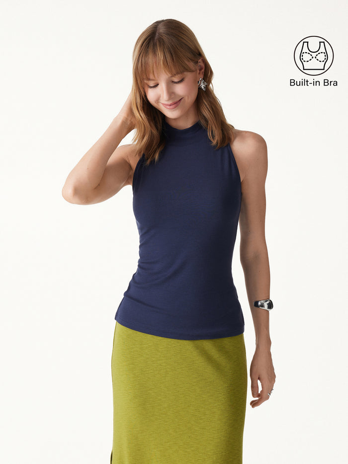 OGLmove Lyocell-Wool Knit Mock Neck Sleeveless Bra Top Universe Navy XXS