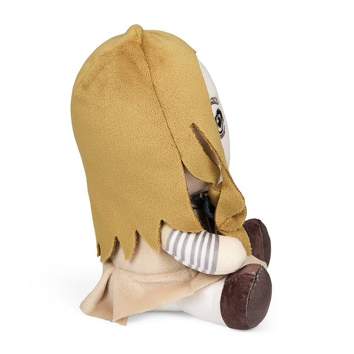 M3GAN Phunny plush by Kidrobot featuring the character's face with detailed fabric and soft plush material.