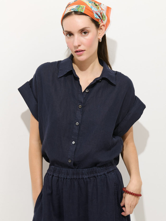 Maddie Blouse in Linen - Dark Navy