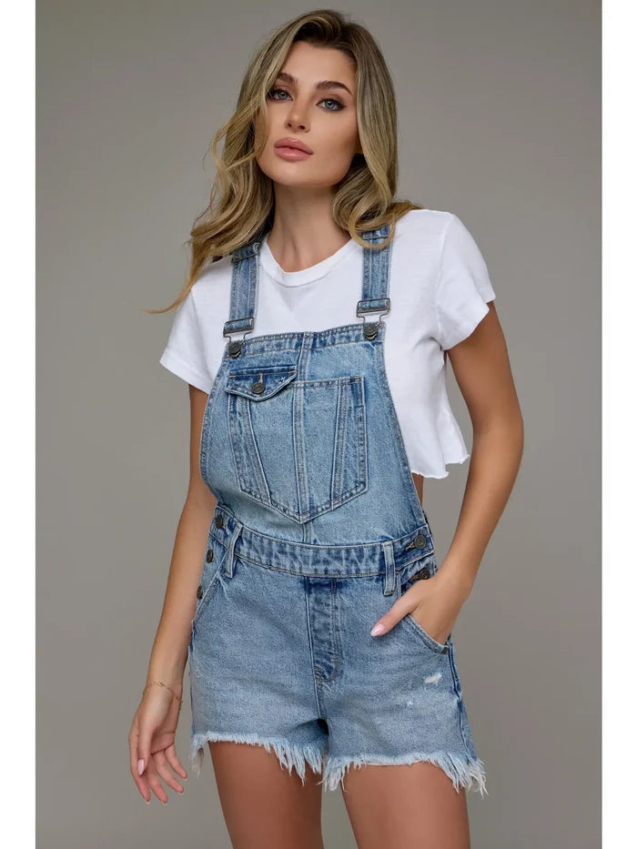 Medium Wash Frayed Hem Overalls