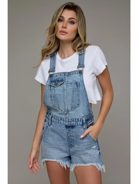 Medium Wash Frayed Hem Overalls