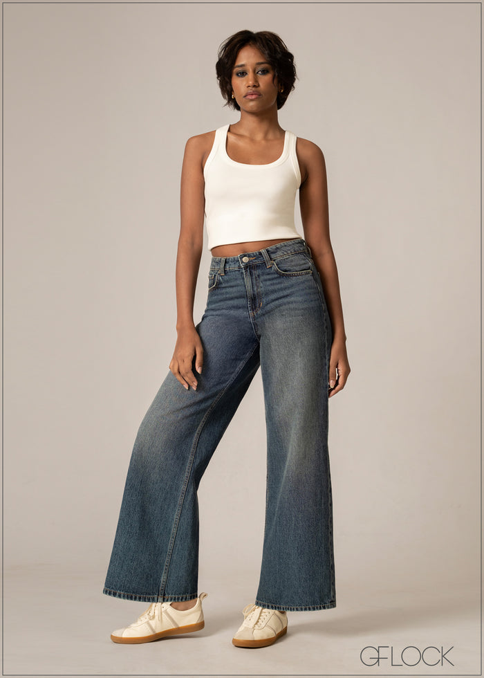 Mid Wash Wide Leg Jean - Long Length - 220826D
