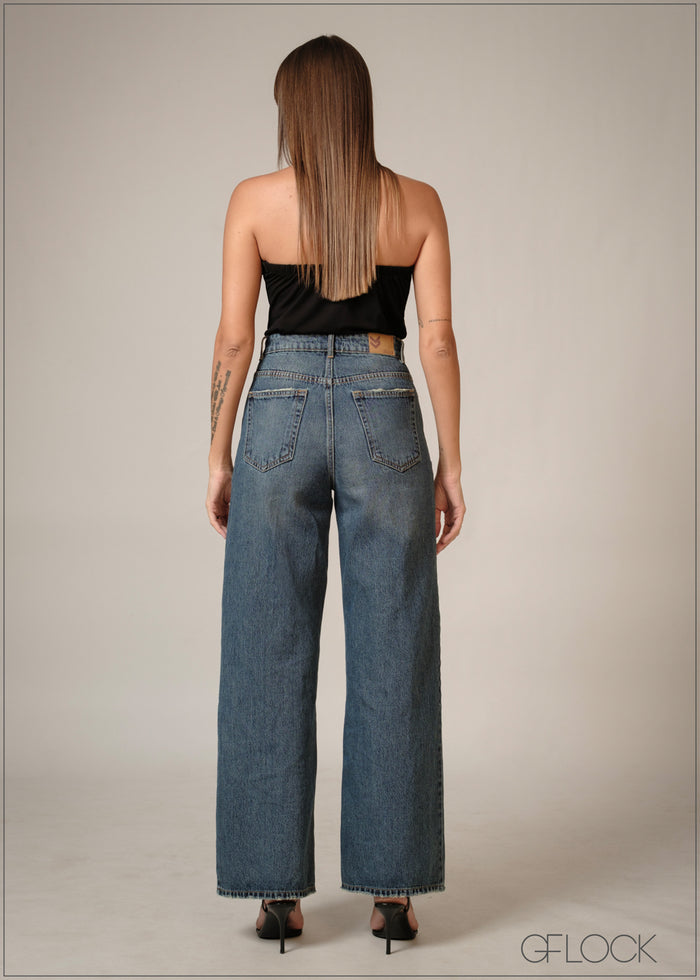 Mid Wash Wide Leg Jean - Short Length - 140326