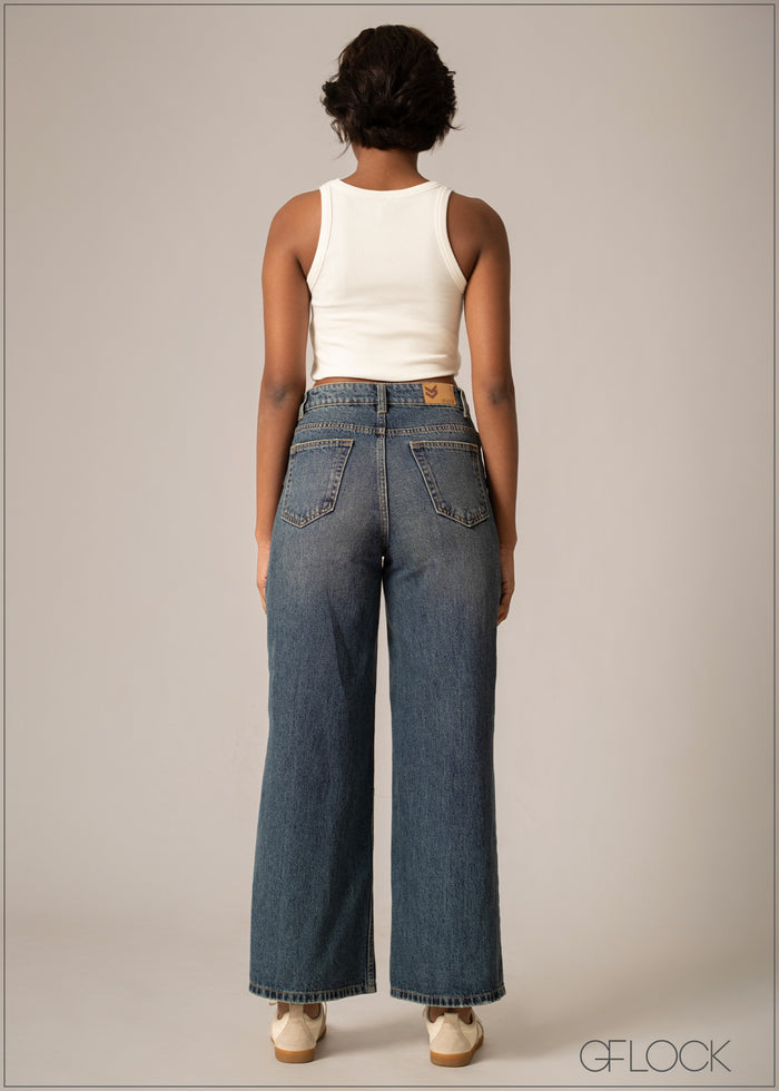 Mid Wash Wide Leg Jean - Short Length - 220826D