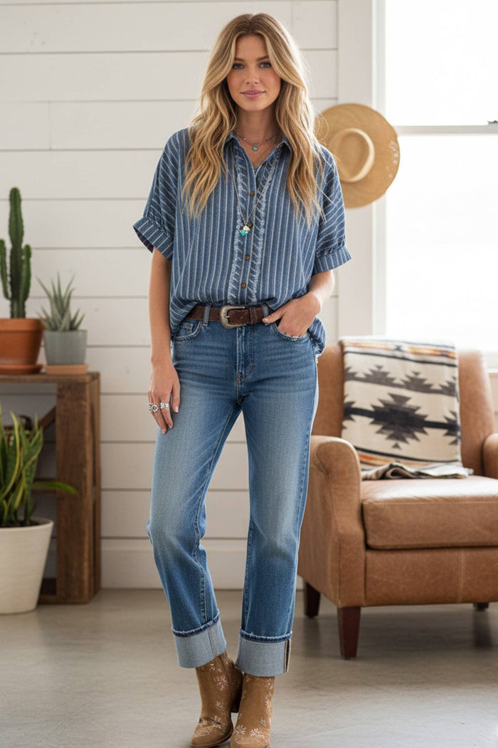 Mineral washed Striped Button Down Top: DENIM