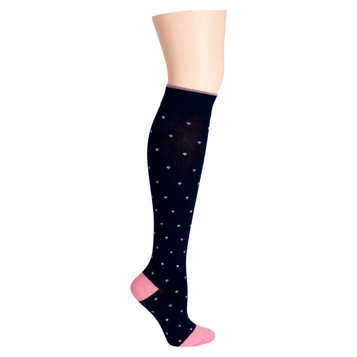 Knee-high compression socks in navy with colorful heart patterns and pink accents at the toe and cuff.
