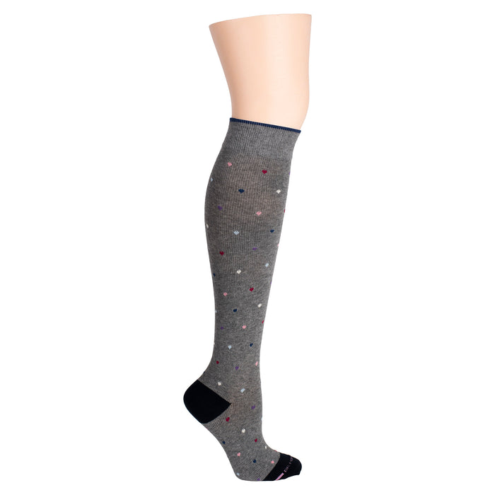 Knee-high compression socks in gray with a multicolored heart pattern and a black heel and toe.