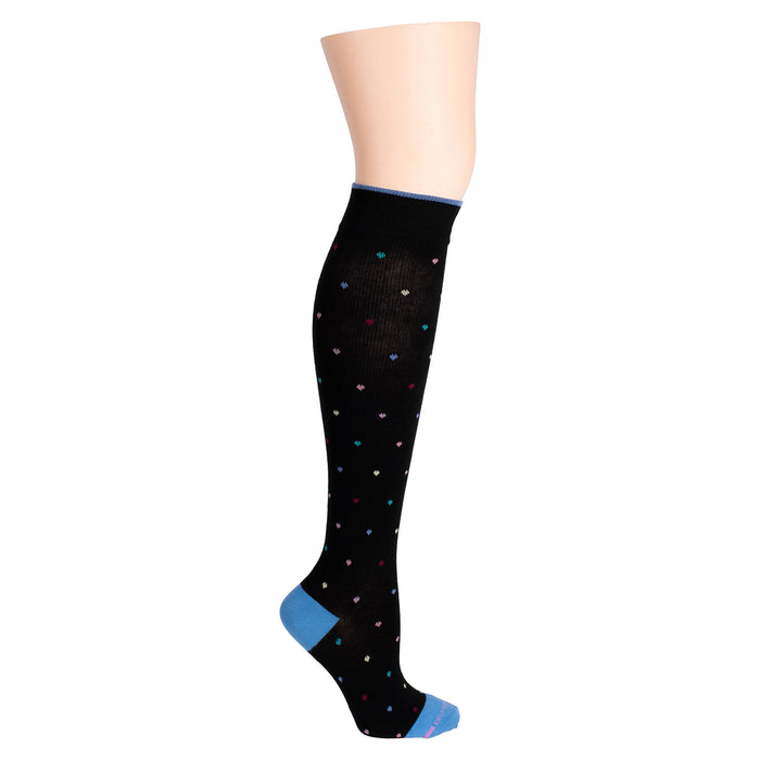 Knee-high black compression socks with colorful heart patterns and blue accents at the top and bottom.