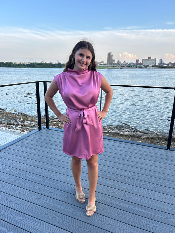 Mock Neck Waist Tie Sleeveless Mini Dress