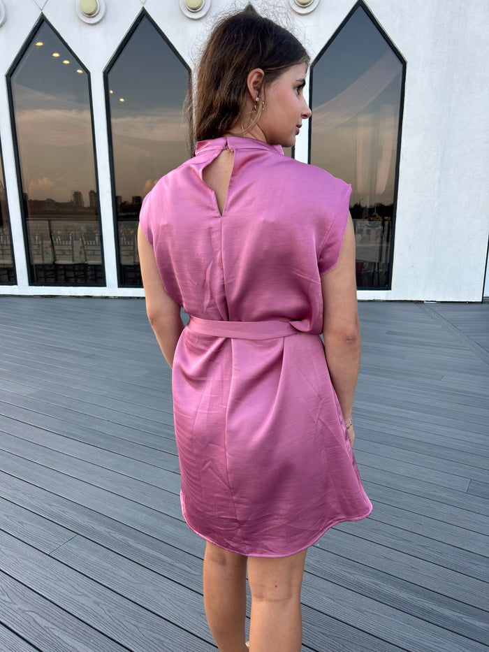 Mock Neck Waist Tie Sleeveless Mini Dress