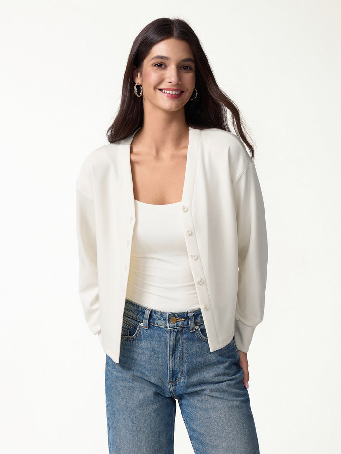 Modal Spacer Knit V-Neck Long Sleeve Button-Down Cardigan