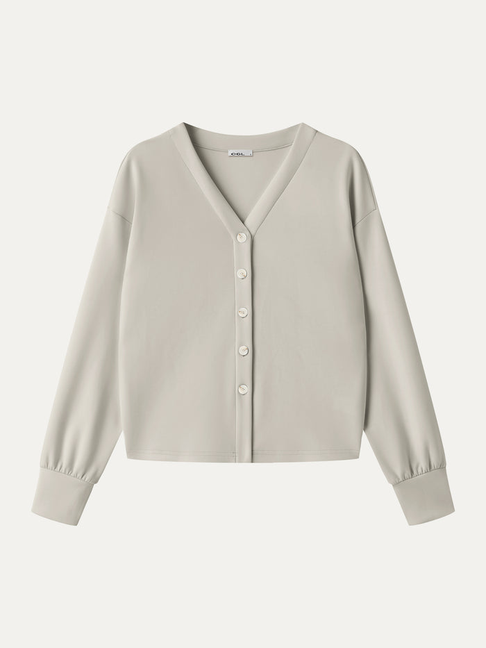 OGLmove Modal Spacer Knit V-Neck Long Sleeve Button-Down Cardigan Dark Alabaster Beige XXS