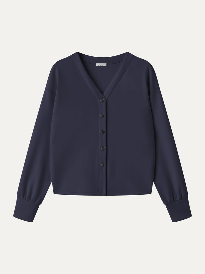 OGLmove Modal Spacer Knit V-Neck Long Sleeve Button-Down Cardigan Black Navy XXS