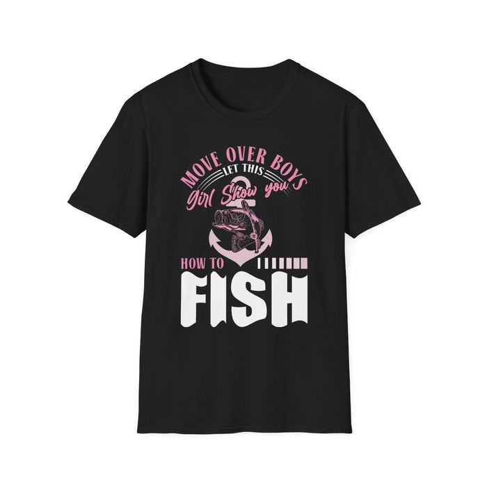 black t-shirt with move over boys let this girl show you how to fish funny fishing design
