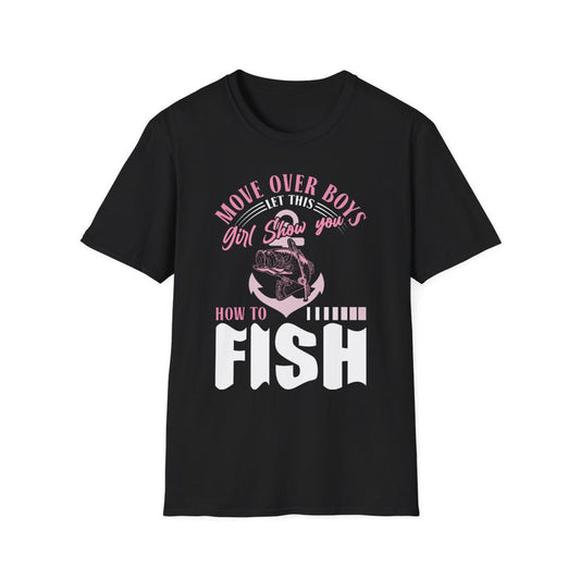 black t-shirt with move over boys let this girl show you how to fish funny fishing design
