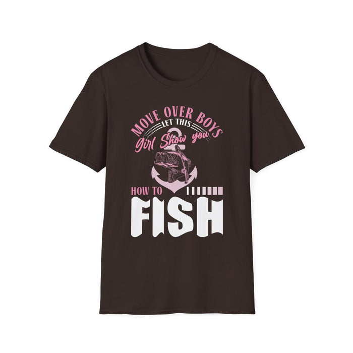 navy t-shirt with move over boys fishing slogan for female anglers