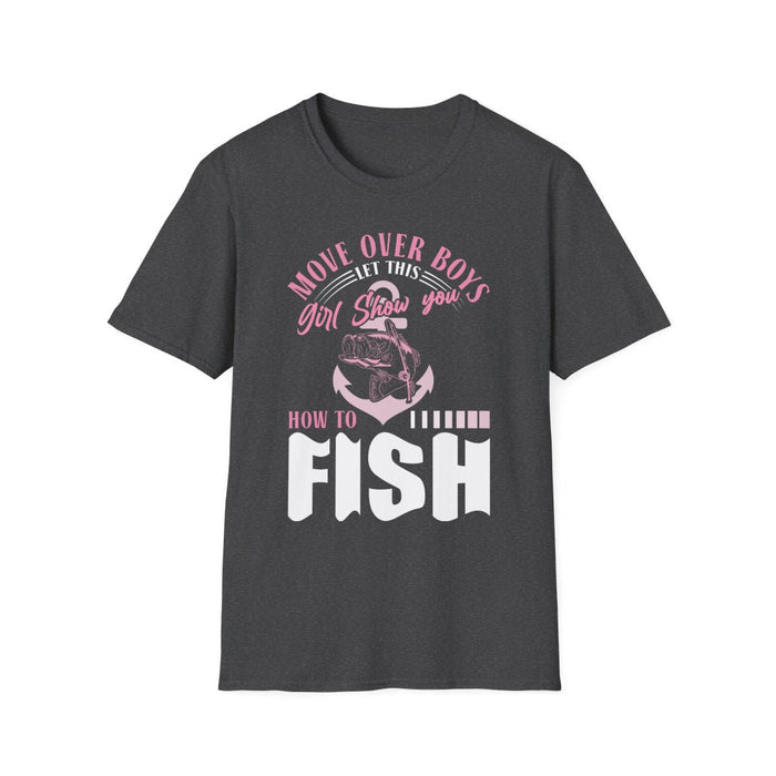 dark heather t-shirt with move over boys angler design for women