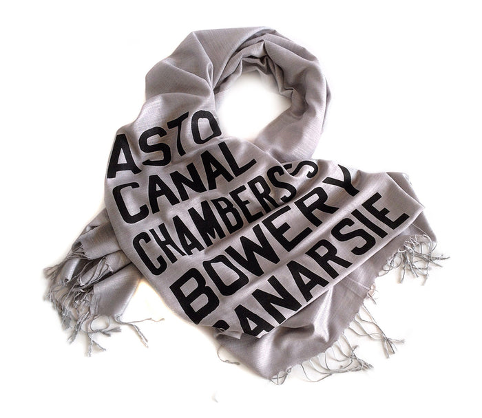 Black ink on silver pashmina.