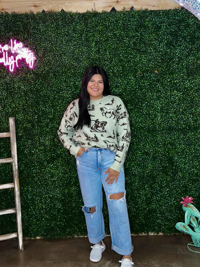 Olive Western Desert Printed Knitted Long Sleeve Sweatshirt