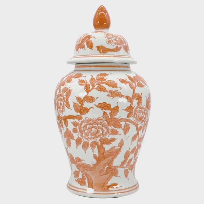 Orange & White Lotus Chinoiserie Ceramic Ginger Jar 18"