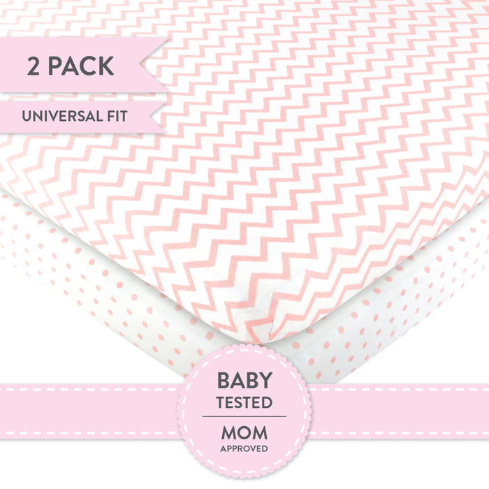 Pack N Play / Portable Crib Sheet Set I Pink Chevron and Polka Dots
