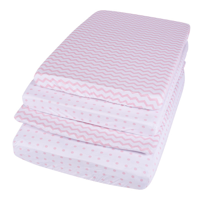 Pack N Play / Portable Crib Sheet Set I Pink Chevron and Polka Dots